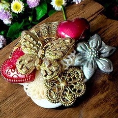 Handmade Assemblage Brooch Butterfly Heart Mixed Media Art Pin Vintage Buttons
