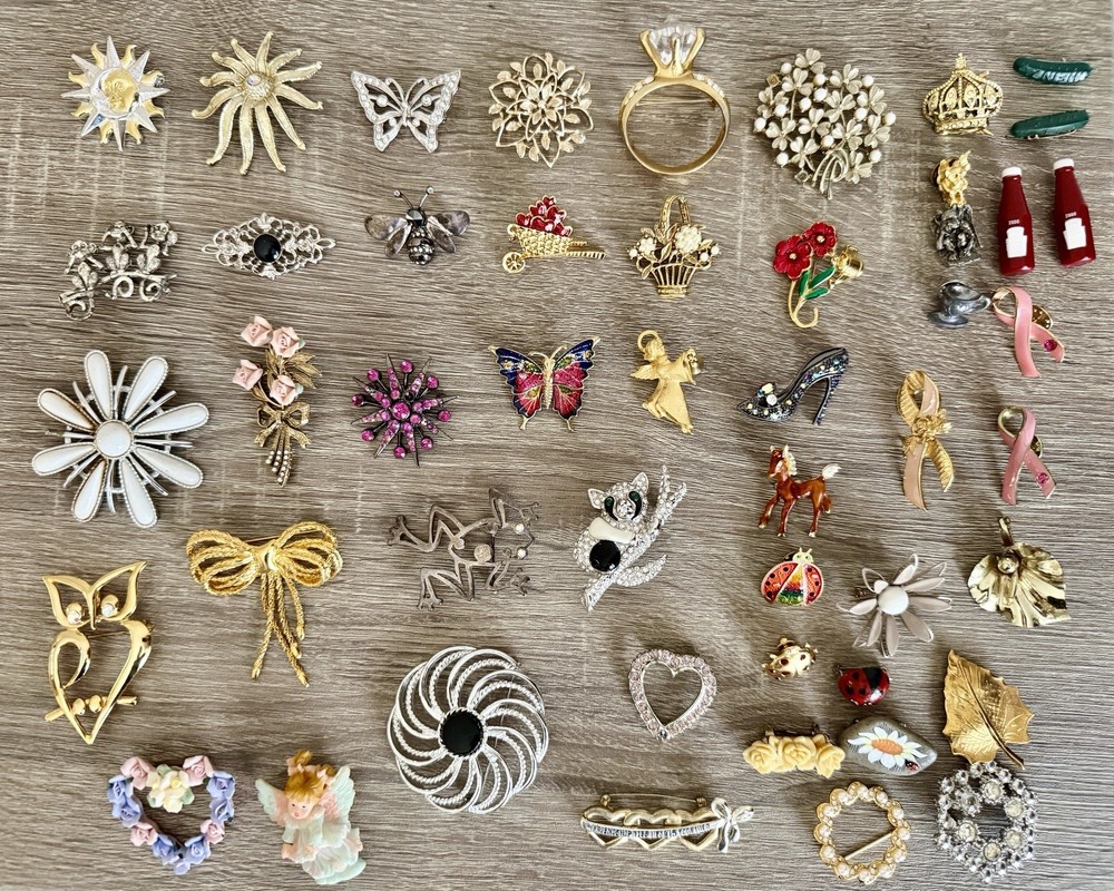 Vintage to Now Costume Jewelry Brooch Pin Lot 50 Pc Rhinestone Cat Enamel Flower