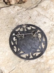 39. Vintage Old Tribal 925 Sterling Mayan Round Cut Out Pin Guatemala 45mm, 9g