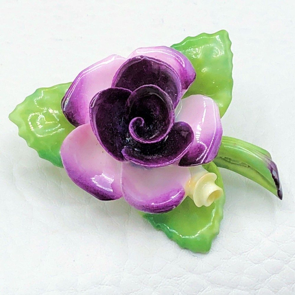Cara China Porcelain Flower Brooch Purple Rose Staffordshire England Floral Pin