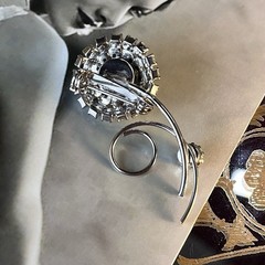 Vintage Rhinestone Flower Brooch – Smoky Gray Center – Clear Stones – 2.25”