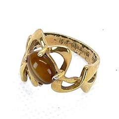 VTG 18KT HGE Gold Plate Ring Tiger Eye Art Nouveau Abstract MCM Retro Size 6.25