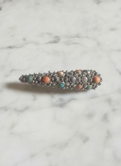 Antique 1930s Chinese Silver Filigree Nail Guard Brooch Turquoise Coral Art Deco
