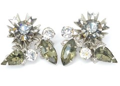 Vintage Beau Jewels Silver Tone Smoky & Clear Rhinestone Clip-On Earrings