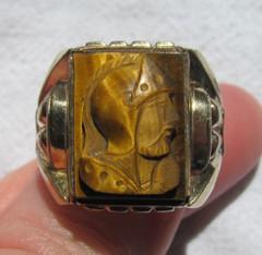 Vintage Carved Tiger’s Eye Roman Soldier Warrior Cameo 12K GF Ring Size 11