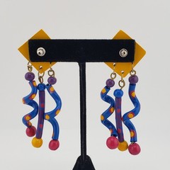 VTG 80s Earrings Memphis Style Pierced Kinetic Dangle Colorful Polka Dot Artsy