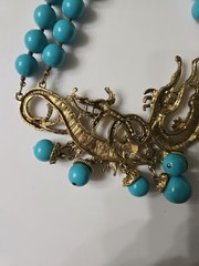 Double Strand Chunky Turquoise Color Blue Bead Necklace Gold Tone Dragon Pendant