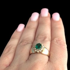 Vintage Oval Cut Emerald Diamonds 14k Yellow Gold Halo Ring Estate Jewelry Gift