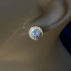 Original EARTH MINED DIAMOND Deco Bezel set Halo Studs Earrings SOLID 18K GOLD