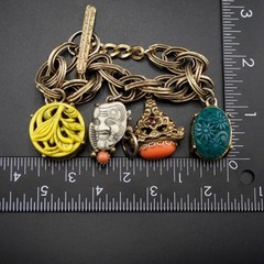 Vintage Selro Selini Asian Motif Noh Mask Charm Bracelet 1950s MCM 6.5″ Chunky