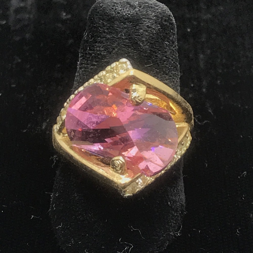 Vintage 18K GE Gold Plated Pink Austrian Crystal & Clear Accents Ring sz 7