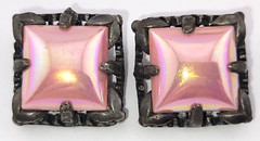 Vintage Pastel Pink Blue AB Gripoix Glass Cabochon Clip Earrings & Bracelet Set