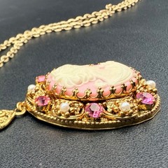 Vintage West Germany Pink Cameo Necklace Exceptional Brass Filigree 1960s