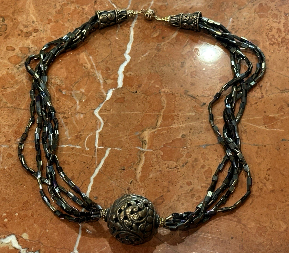 IRIDESCENT BRONZE BROWN BEAD GOLD FILIGREE BALL PENDANT 5 STRAND 22″ Necklace EU