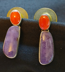 Vintage Silver Tone Southwestern Earrings Red & Purple Cabochon Bezel Dangle