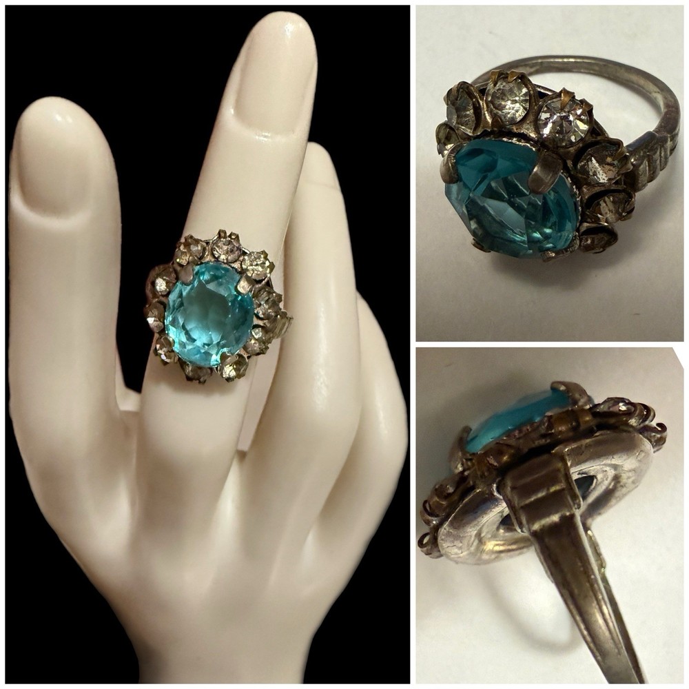 VTG Art Deco Prong Set Ring / Blue Center Stone / White Stones / Size 4