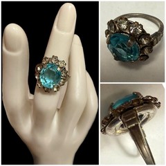 VTG Art Deco Prong Set Ring / Blue Center Stone / White Stones / Size 4