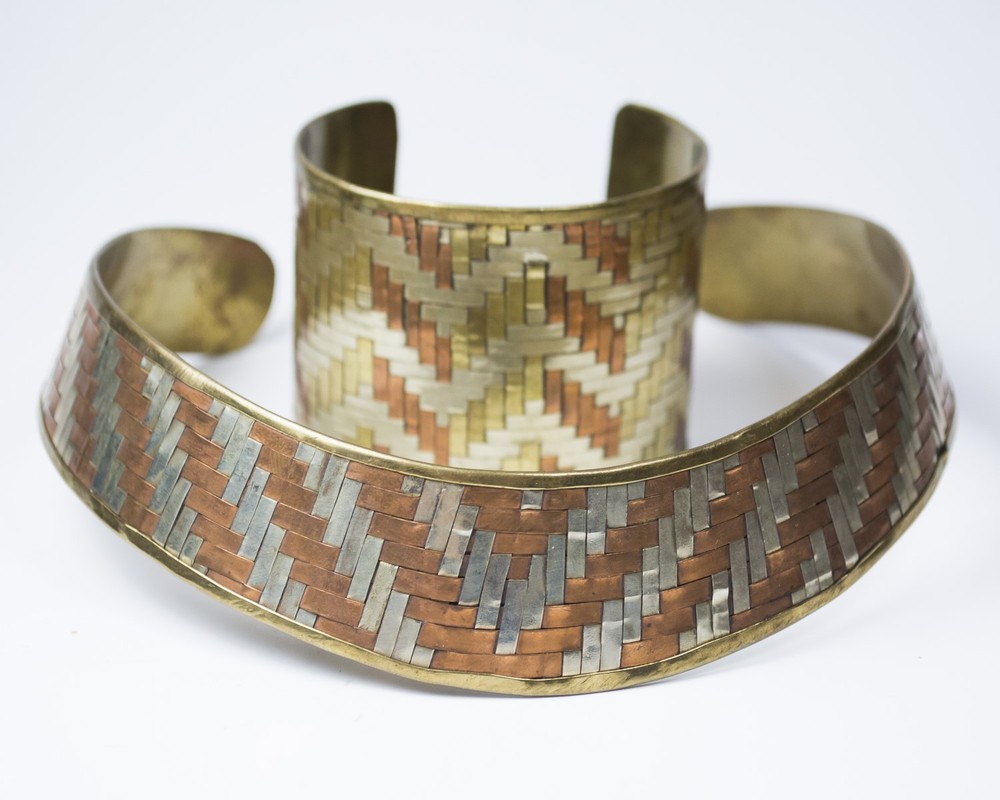 Vintage Jewelry Set Mixed Metal Woven Copper Brass Silver Collar & Cuff Bracelet