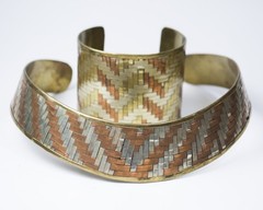 Vintage Jewelry Set Mixed Metal Woven Copper Brass Silver Collar & Cuff Bracelet