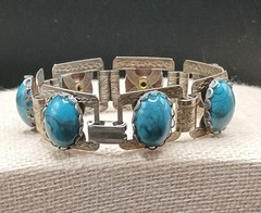 Vintage Silver Tone Etched Panel Bracelet Chunky Blue Faux Stone Statement 6.75”