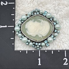 Vintage Blue Cameo Brooch Faux Pearl Rhinestone Silver Tone AS IS 1.75″