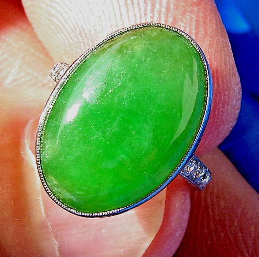 Original EARTH MINED Imperial Jadeite JADE Deco Engagement Ring PLATINUM DIAMOND