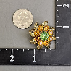 Vintage Judy Lee Rhinestone Earrings Orange Green Pinwheels 1.25″