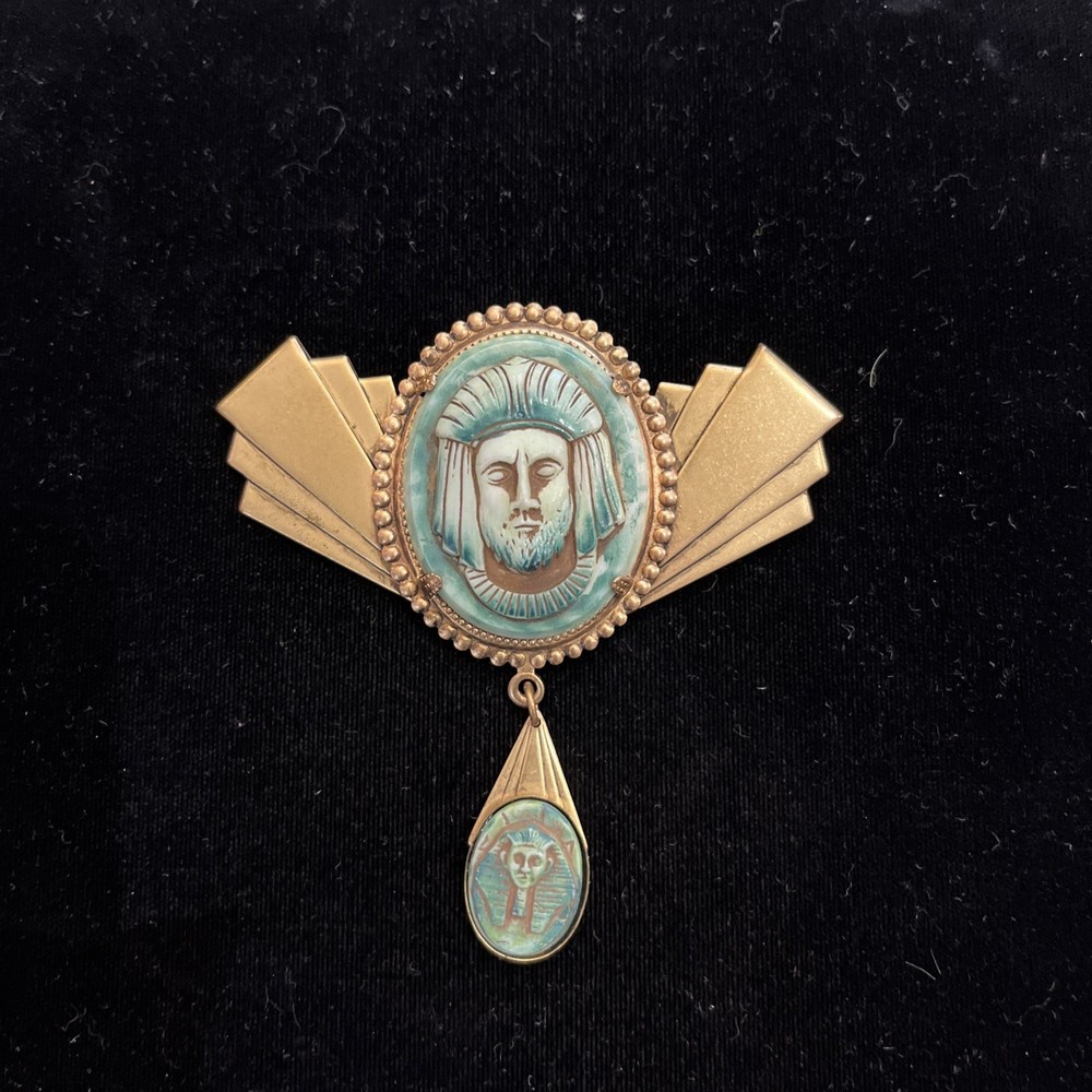 Egyptian Revival Carved Stone Gold Tone Vintage Brooch