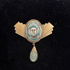 Egyptian Revival Carved Stone Gold Tone Vintage Brooch