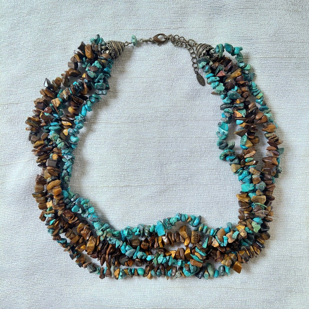 Vtg 80s EsMor Signed Multi-Strand Turquoise/Tiger’s Eye Boho Statement Necklace