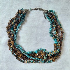 Vtg 80s EsMor Signed Multi-Strand Turquoise/Tiger’s Eye Boho Statement Necklace