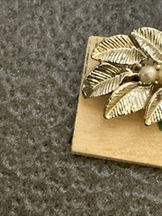 Vintage Gold Tone Leaf With Faux Pearls Brooch Mid Century Modern Curved Pin