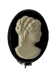 Vintage Cameo Brooch Pin Black White Lady Profile Carved Style 0.66”