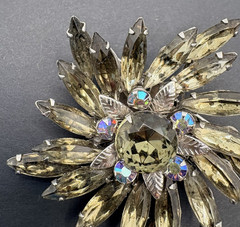 Vintage Smoky Gray Crystal Floral Swirl AB Crystals Brooch Silver Tone Prong Set