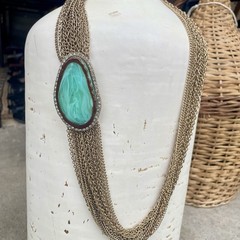 Vtg Multi Strand Gold Tone Chain Statement Necklace Marbled Green Rhinestones
