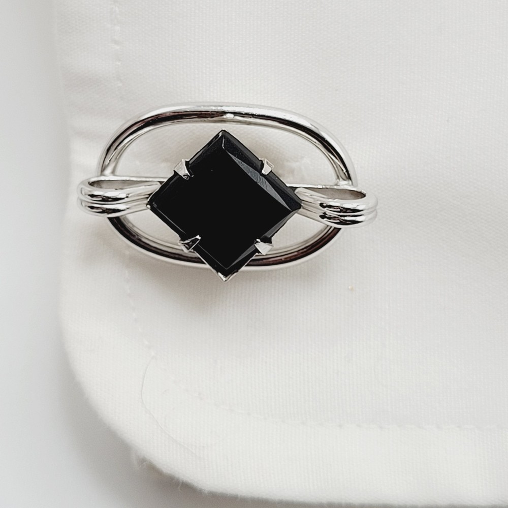 Western Style Deep Black Onyx Open Metal Silver Tone Fancy Formal Cufflinks