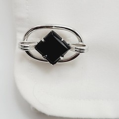 Western Style Deep Black Onyx Open Metal Silver Tone Fancy Formal Cufflinks
