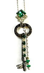 Vintage Key Necklace with Green Stones & Chain Included Newly Made by Artist