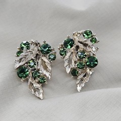 Vintage Silver Tone Green Rhinestone Clip On Fashion Earrings