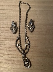 vintage rhinestone necklace & Clip Earrings; Missing One Stone As Pictured