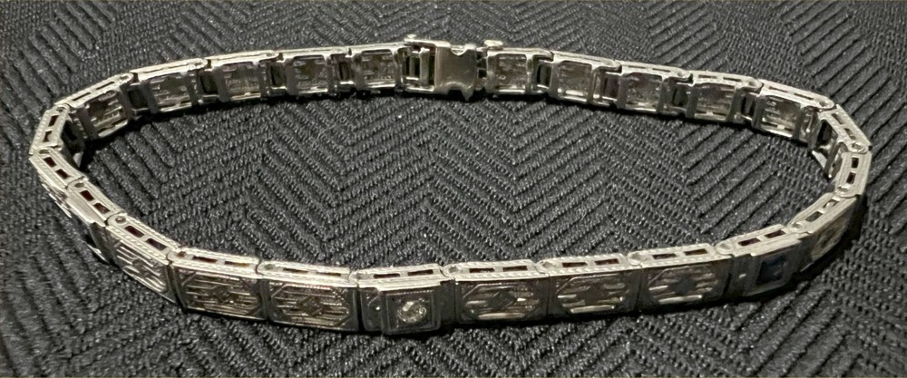 Antique Edwardian 14K White Gold Diamond Blue Sapphire Platinum Bracelet
