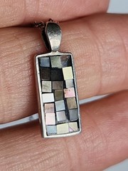 Vintage Mosaic Abalone Inset Rectangular Pendant & 18″Chain Necklace .925 Silver