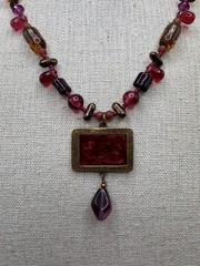 Vintage NOS Shaune Bazner Gold Tone Enamel Carnelian Crystal Glass Necklace 18”