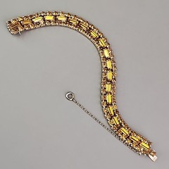 Vintage Rhinestone Bracelet Orange Glass Tennis Safety Chain Gold Tone 6.5″