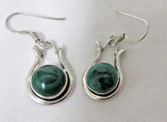 Vintage Sterling Silver Malachite Dangle Pierced Earrings