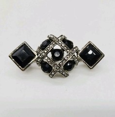 Art Deco Brooch Graziano Pin Silver tone Black White Crystal Vintage .75 in