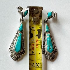 Vintage 925 Sterling Silver Marcasite Mixed Blue Turquoise Earrings Drop 4.5 cm