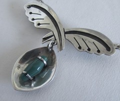 VINTAGE MEXICO STERLING NECKLACE PENDANT BROOCH w CHRYSOPRASE, 2 1/4 INCH PENDT