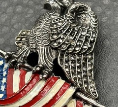 Vintage Pot Metal American Eagle USA Flag Patriotic Enamel Marcasite Pin Brooch