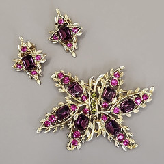 Vintage Rhinestone Butterfly Brooch Clip On Earring Set Pink Purple Gold Tone